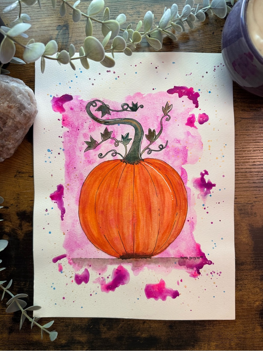 Pink Spell Original Pumpkin Watercolor Painting 9x12